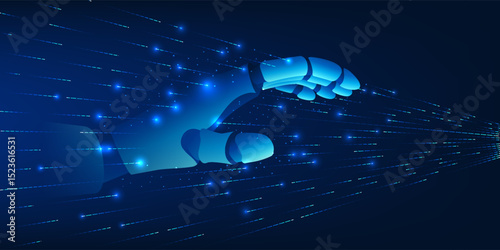 Artificial intelligence technology,robotic hand extending through the data line, represents the connection between robotic technology and digital data for processing and controlling intelligent system