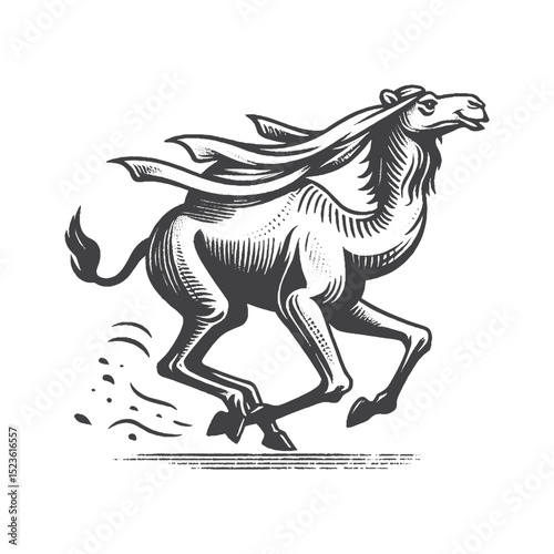 Vintage Hand-Drawn Camel Running Playfully Illustration, Desert Animal Engraved Style Vector for T-Shirts and Wildlife Themes Design