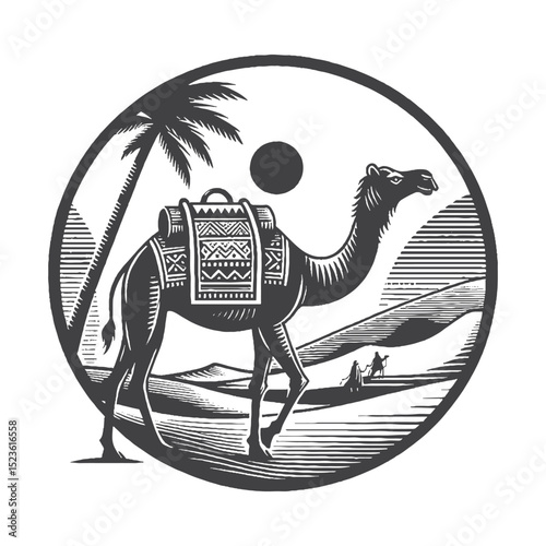 Vintage Hand-Drawn Camel Walking in Desert Illustration, Desert Journey Engraved Style Vector for T-Shirts and Wildlife Themes Design