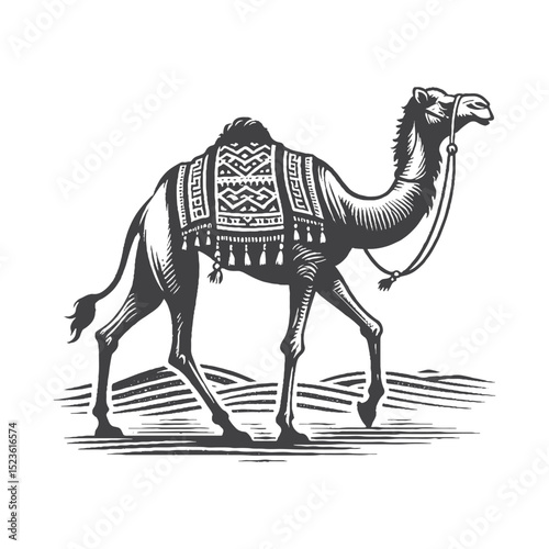 Vintage Hand-Drawn Camel Walking in Desert Illustration, Desert Journey Engraved Style Vector for T-Shirts and Wildlife Themes Design