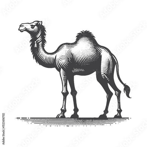 Vintage Hand-Drawn Camel Full Body Standing Illustration, Desert Animal Engraved Style Vector for T-Shirts and Wildlife Themes Design