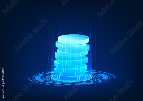 Fintech technology, digital coins projected as holograms, represent technologies that combine the financial world with virtual innovations, such as digital currencies, investment on digital platforms