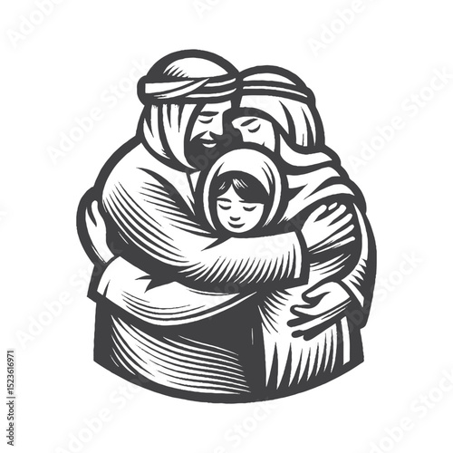 Vintage Hand-Drawn Family Hugs Illustration, Warm Connection Engraved Style Vector for T-Shirts and Emotional Themes Design