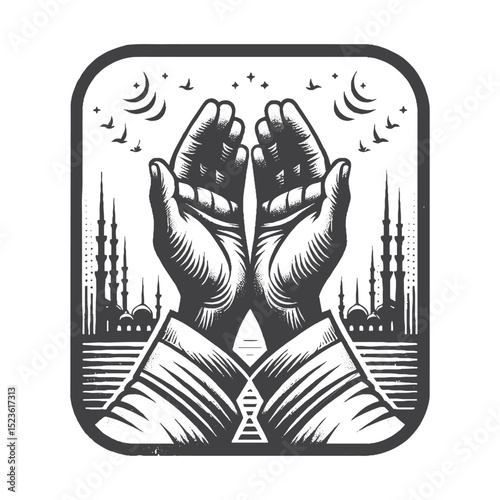 Vintage Hand-Drawn Hands Raised in Prayer Illustration, Spiritual Devotion Engraved Style Vector for T-Shirts and Religious Themes Design