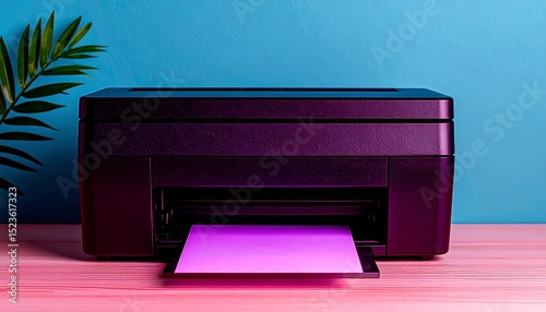 Stylish Dark Purple Inkjet Printer Printing Vibrant Purple Paper on Pink Table