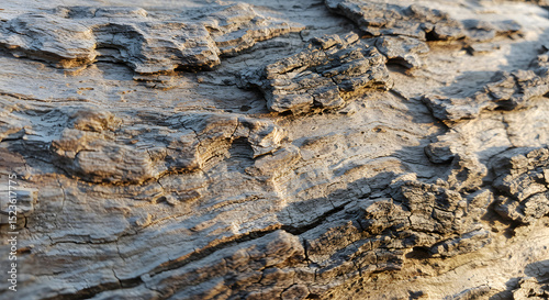 Texture of weathered tree bark, showing its irregular patterns, grooves, and variations in color from light gray to dark brown