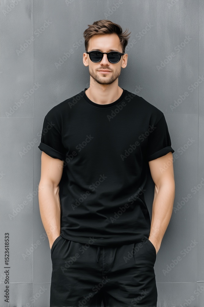 Naklejka premium A stylish young man wearing a black t-shirt mockup and sunglasses, standing confidently against a gray wall. His casual look and relaxed posture convey a modern, urban vibe.