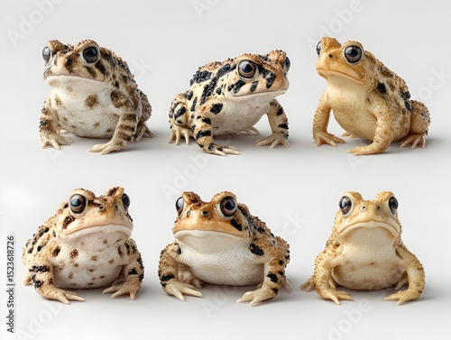 A diverse group of warty toads in varying shades of brown pose on a white surface in a studio shot.