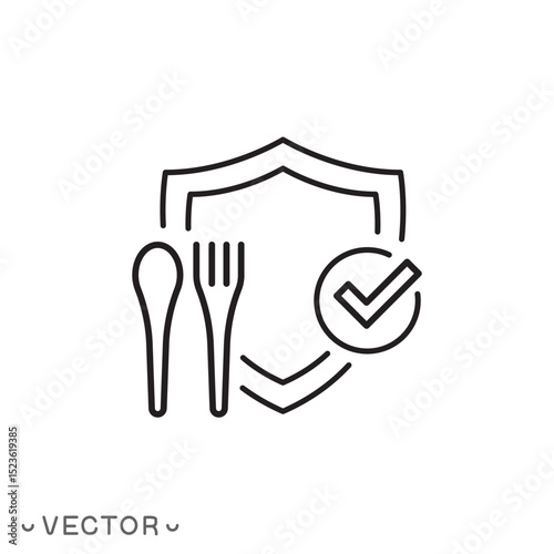 food safety icon, ecological pure product, shield with fork and spoon, thin line symbol isolated on white background, editable stroke eps 10 vector illustration