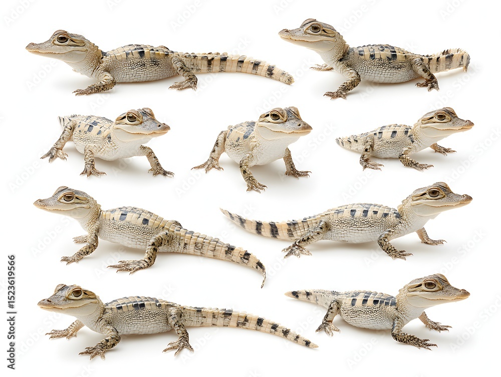 Naklejka premium A group of adorable dwarf caimans are seen in varying poses on a bright white studio background setting today.