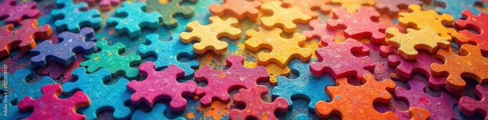 Fototapeta premium A chaotic scattering of brightly colored jigsaw puzzle pieces, some fitting together, others completely separated, creating a sense of unfinished work and confusion , playful, fitting