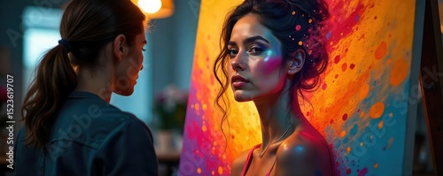 A captivating live portrait session in progress, artist working with vibrant colors on a dynamic canvas, capturing the essence of the subject's energy and form , visual arts, sketch
