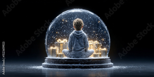 Child Meditating in Golden Gift Filled Snow Globe with Soft Lighting on Dark Background Creating Magical Holiday Scene