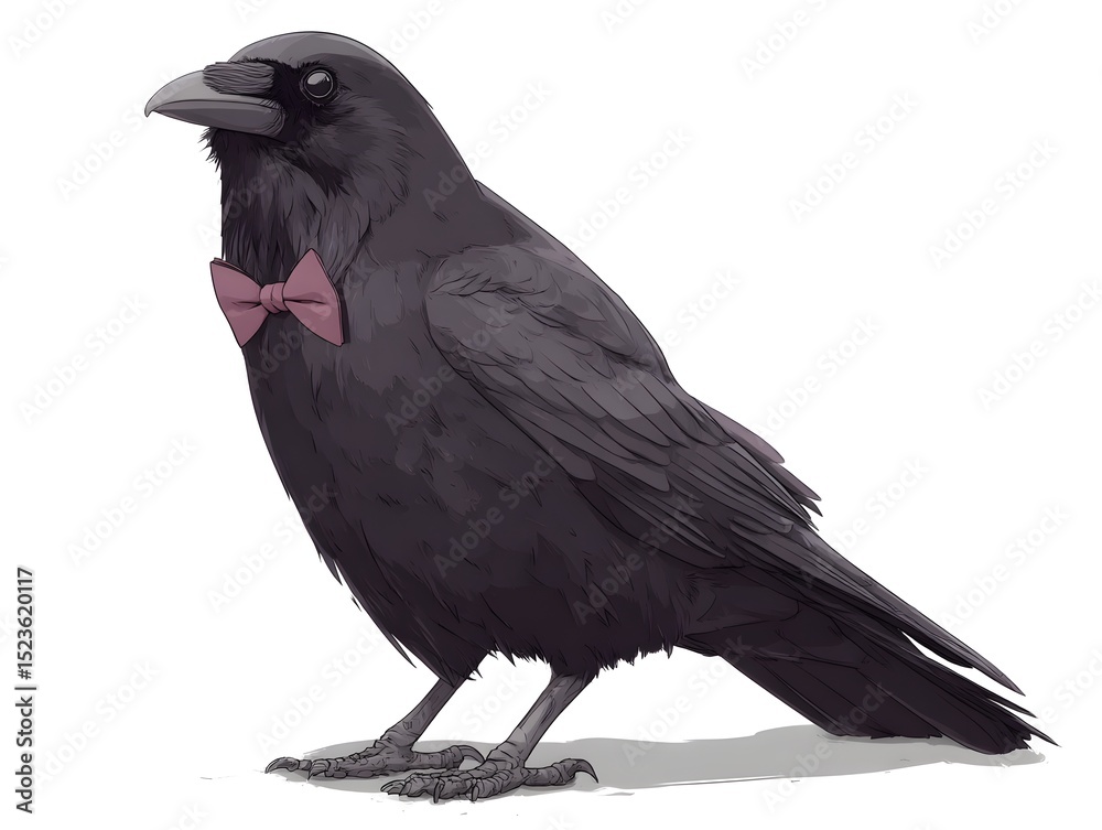Fototapeta premium A stylized black crow stands elegantly wea a cute pink bow tie on a clean white background illustration.
