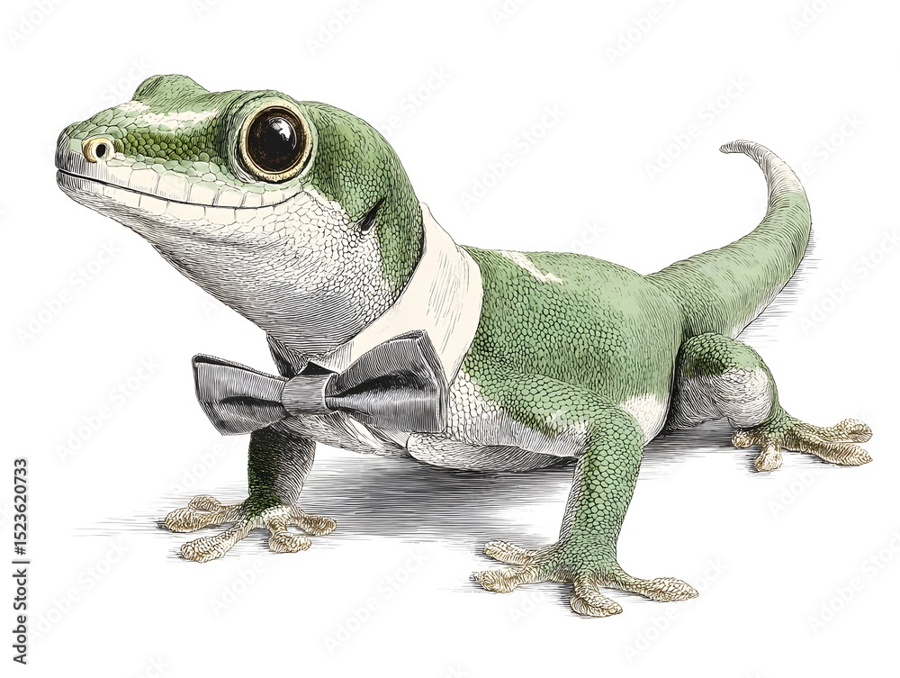 Fototapeta premium A charming green gecko smiles, dressed formally in a bow tie and collar, creating a whical portrait look.