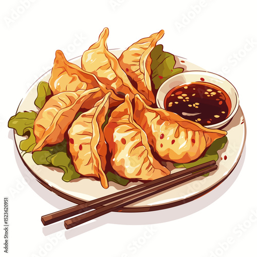 Gyoza Dumplings with Soy Dipping Sauce and Chopsticks