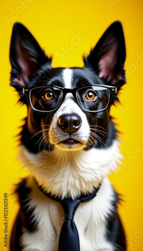 Intelligent Border Collie Wearing Stylish Glasses and a Sleek Black Tie on Yellow