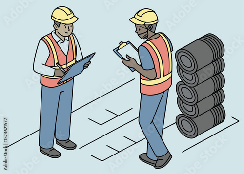 Engineers Inspecting HDPE Geomembrane Rolls – Quality Control at Construction Site