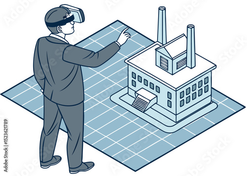 Isometric Illustration of Man Using Virtual Reality to Control Smart Industrial Facility