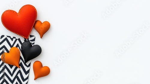 Overhead shot of several red, black, and orange felt hearts on a white surface next to a folded zigzag patterned cloth. Valentine's day concept with