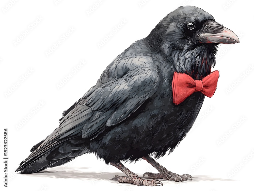 Fototapeta premium A dapper raven poses regally wea a stylish red bow tie against a clean white studio background detail.