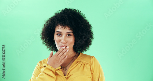 Happy woman, portrait or gossip with afro on green background for oops or drama scandal on space. Face, female person or model with shy expression, rumor or secret for funny mistake or joke on mockup