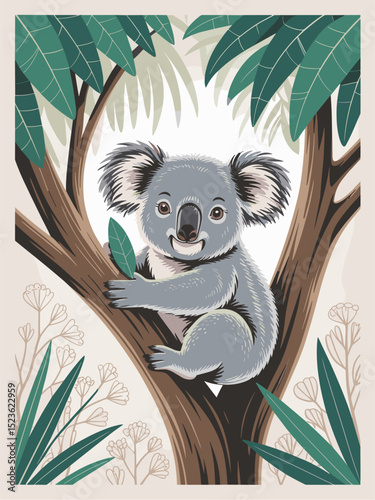 Retro jungle poster featuring a cute koala sitting on a tree with eucalyptus leaves. Mid-century modern style nature print with vintage tropical vibes, perfect for wall decor.