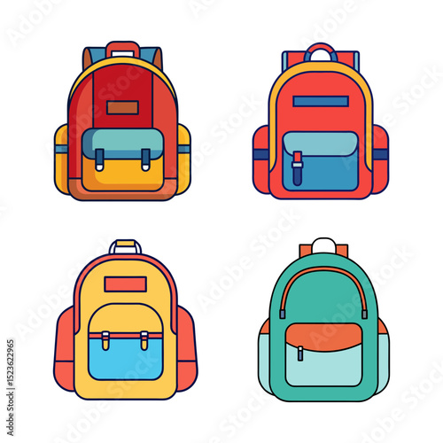 Colorful school backpacks vector set, Set of four colorful cartoon backpacks in flat style, ideal for school, travel, education, or back-to-school designs.