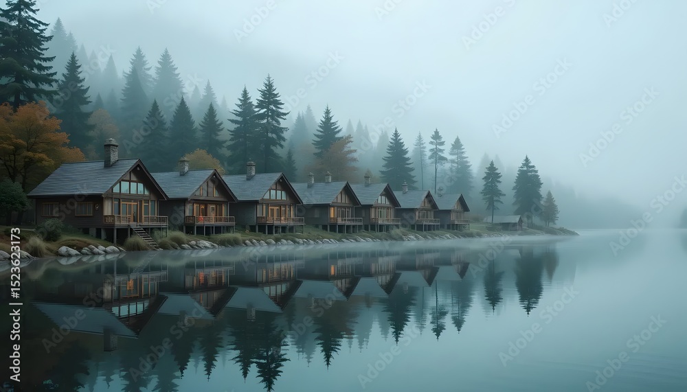 Fototapeta premium Cabins nestled by a misty lake create a serene getaway scene