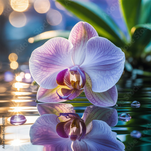 A stunning closeup of blue and white orchid flowers gently resting on calm reflective water, with soft glowing Booker lights in the background.