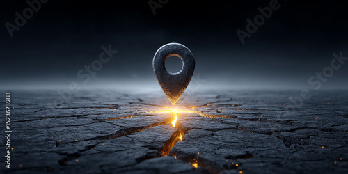 Dark Gray Location Marker On Cracked Surface With Orange-Yellow Light