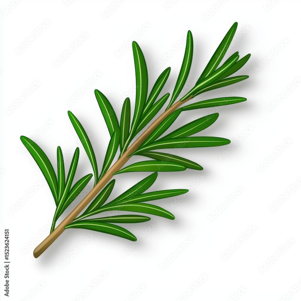 Fototapeta premium Vibrant green sprig of rosemary with slender leaves and a brown stem, isolated on a bright white background. Detailed illustration with realistic