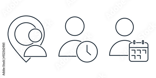 Person, clock, place, date. Planning time, actions. Set of vector linear icons illustrations isolated on white background.