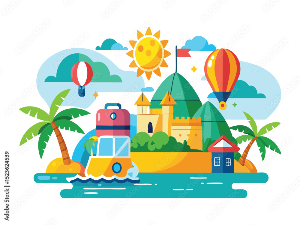 Naklejka premium Tropical island vacation scene with castle and hot air balloons isolated on white background 