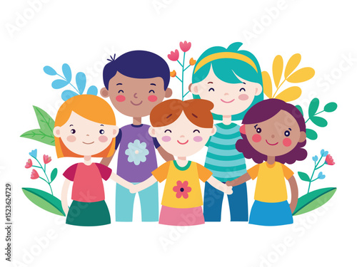 Happy diverse group of children holding hands isolated on white background
