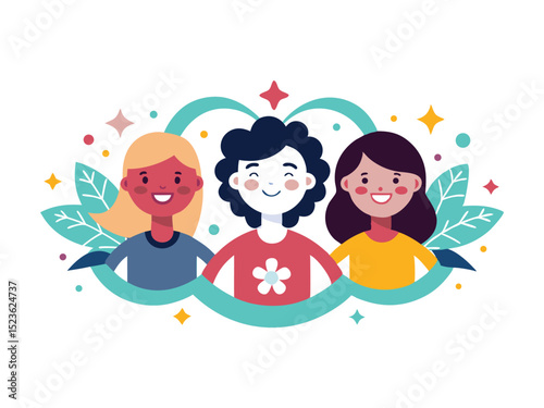 Three diverse girls friends smiling together isolated on white background
