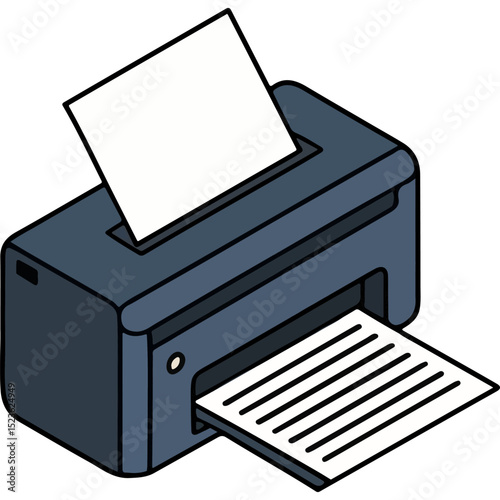A vector illustration of a printer with paper being fed in and outputting a document, ideal for themes of office, technology, printing, or documentation