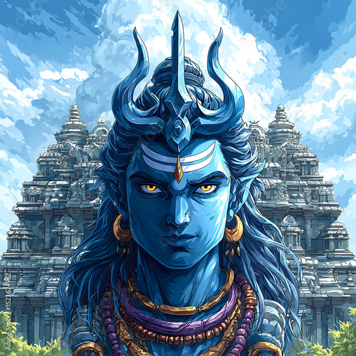 Detailed Pixel Art of a Blue Skinned Deity with Yellow Eyes Temple Background and Intricate Jewelry in Partly Cloudy Sky
