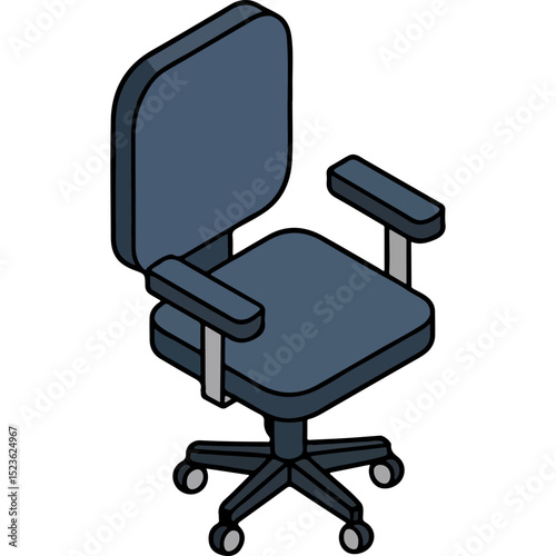 A detailed vector illustration of a blue office chair with armrests and wheels, ideal for themes of work, comfort, furniture, or office environments
