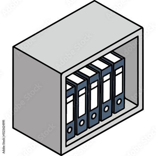 A clear vector illustration of a gray shelf filled with blue binders, perfect for themes of organization, office, storage, or documentation