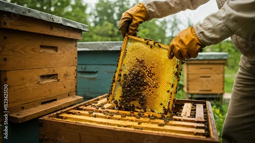 Beekeeper holding honeycomb frame above beehive
