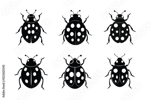 6 set of black ladybug silhouette vector illustration on white background