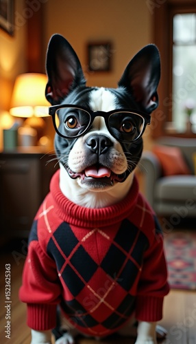 Charming Canine Portrait A Dapper Boston Terrier with Witty Eye wear and Cozy Knitwear