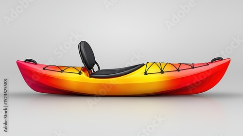 Side view of a kayak in vibrant gradient colors of red, orange, and yellow, resting on a neutral gray surface. The kayak features a black seat and