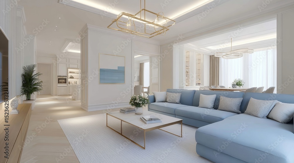 Fototapeta premium Modern Living Room with Blue Sectional Sofa and Minimalist Decor