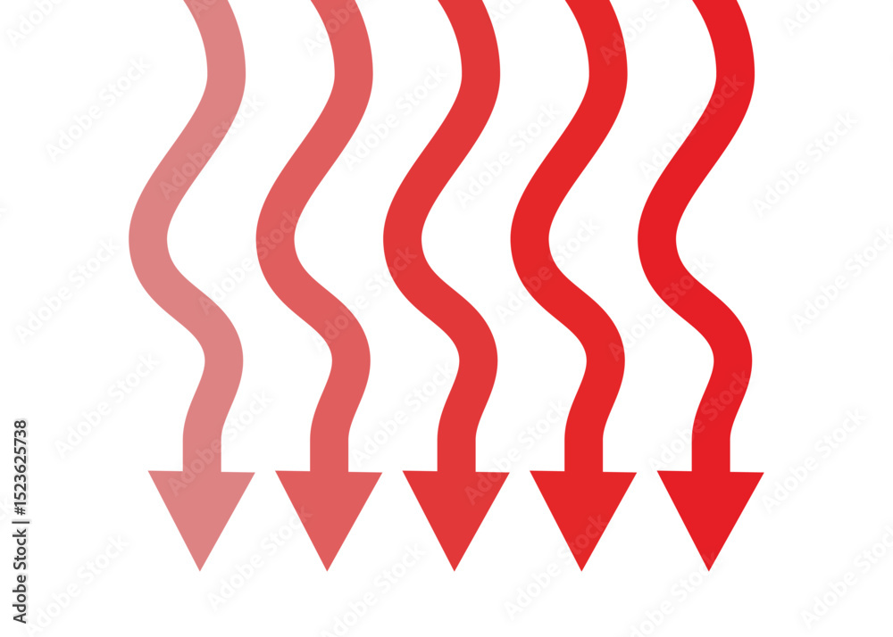 Fototapeta premium 5 red curved arrows falling down representing business decline, trading loss, bad competition, and economic recession
