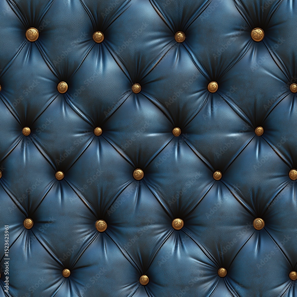 Obraz premium Seamless pattern of luxurious deep blue leather upholstery with classic diamond tufting and gleaming golden buttons. Ideal for sophisticated design backgrounds.