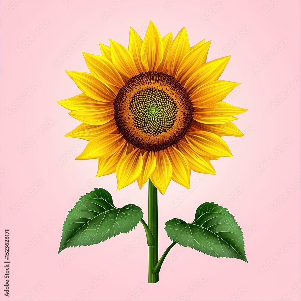 Obraz premium Vibrant yellow sunflower with green leaves on a pink background. Detailed illustration of a single sunflower in full bloom