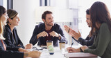 Man, group and meeting with planning in office with agenda, happy and strategy for risk management. People, discussion and smile for problem solving, review or team with feedback at insurance company