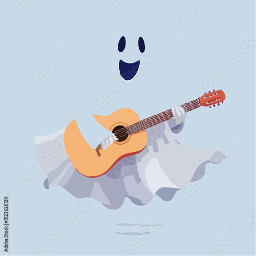 A musical ghost strumming a guitar, perfect for Halloween band themes or music events